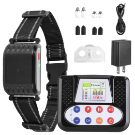 990FT Range Dog Wireless Fence Remote Training Collar IPX6 Waterproof Receiver With 0-9 Levels Beep Vibration Shock Mode 4 Channels Rechargeable (Color: Black)