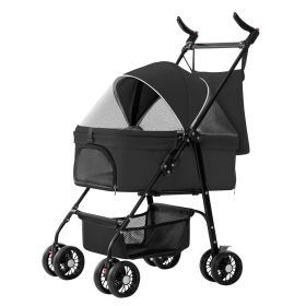 1Pc 4-Wheels Pet Stroller Foldable Carrier Strolling Cart Travel Jogger Pet Stroller With Removable Liner Storage Basket For Dog Cat (Color: Black)